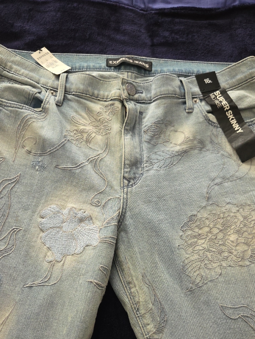 Express Light Blue Super Skinny Jeans with Floral Embroidery